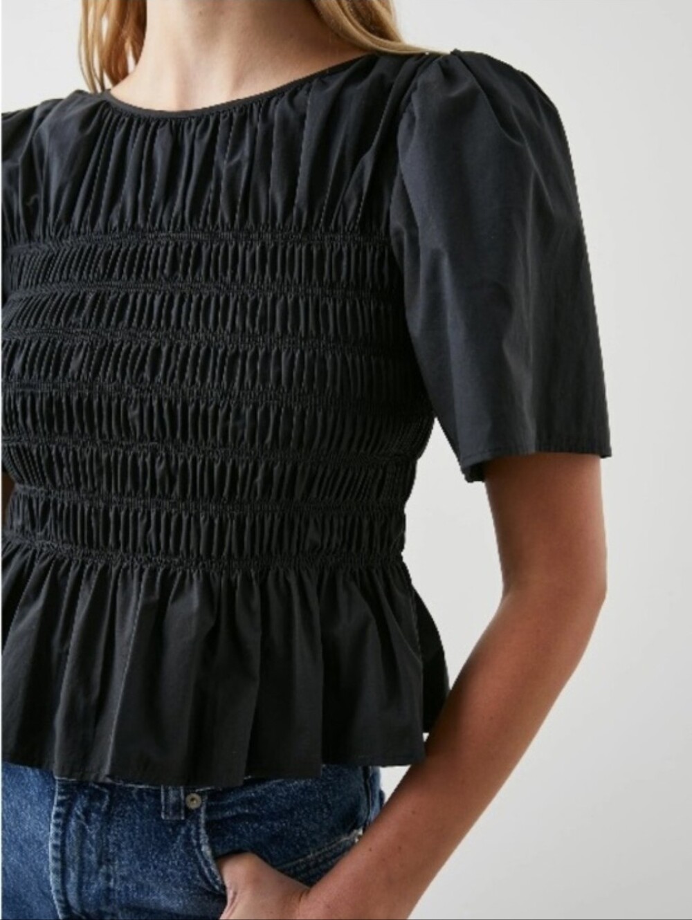 Rails Rosie Peplum Smocked Top in Black, Back Keyhole Neck Closure, Size Medium - Picture 2 of 10